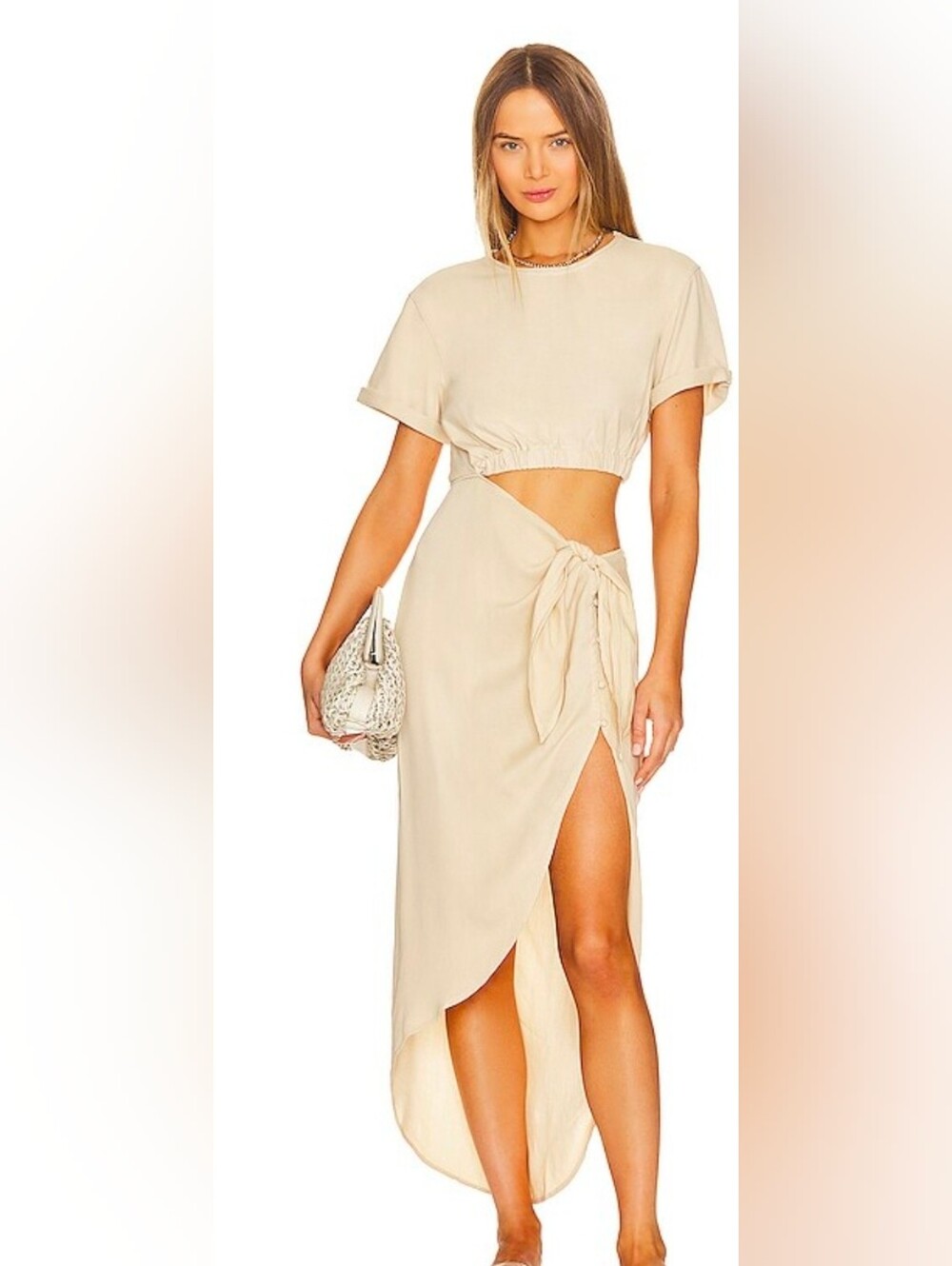 Free People Rae Beige Tie-Waist Cutout Maxi Dress XS